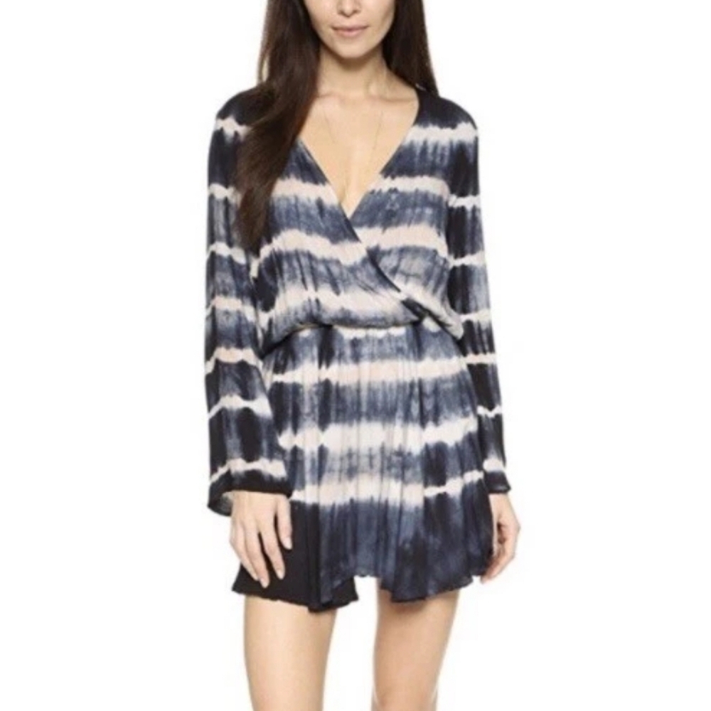 Blue Life Tie Dye Long Sleeve Mini ROMPER Dress Bell Sleeve Faux Wrap Casual S/M